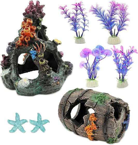 8 Pcs Fish Tank Decor, Small Aquarium Decorations Accessories, Fish Tank Plants Fish Cave Hideout, 2 x Aquarium Cave 4 x Aquarium Plant 2 x Starfish Ornament (Colorful)