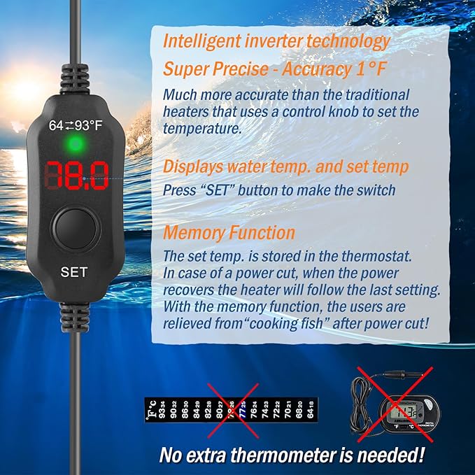 30W Mini Aquarium Heater for 4-6 Gallon Tanks | Submersible Fish Tank Heater with Digital Thermostat, Dry-Run & Overheat Protection, Memory Function