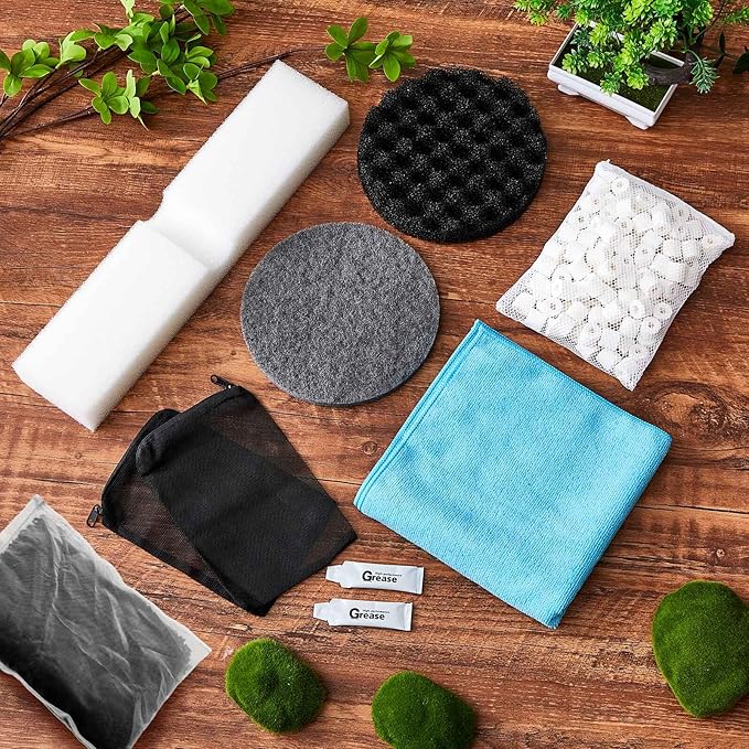 Threlaco 28 Pcs Aquarium Media Kit Compatible with Fluval Fx4/ Fx5/ Fx6 Filter, Carbon Foam Pad, Nitrite Remover Pads, Activated Carbon, Foam Block, Silicone Lube, Towels, Ceramic Ring, Mesh Bag