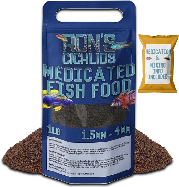 RON'S CICHLIDS Medicated Adult Blend African Cichlid Fish Food, Premium Fish Food Pellets with Protein, Veggies for Healthier, Brighter & Bigger Tropical Fish & Cleaner Tanks, Adult Blend, 1 LB
