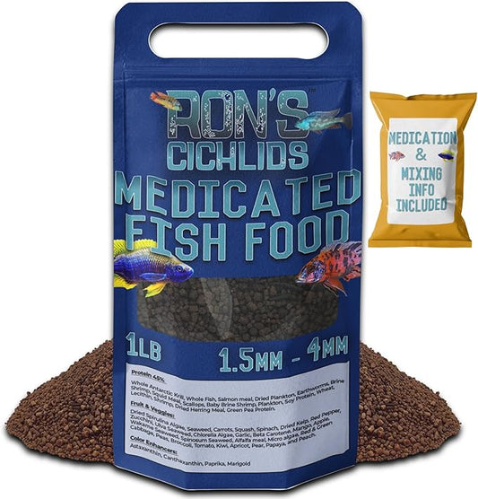 RON'S CICHLIDS Medicated Adult Blend African Cichlid Fish Food, Premium Fish Food Pellets with Protein, Veggies for Healthier, Brighter & Bigger Tropical Fish & Cleaner Tanks, Adult Blend, 1 LB