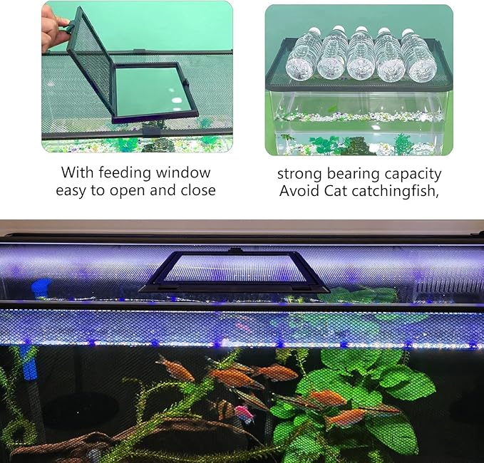 Magnetic Fish Tank Cover Net Aquarium Lid Mesh Top Hood Cut to Any Size Ventilation Transparency Anti-Jumping Aquarium Cover with Feeding Window(39"X19")
