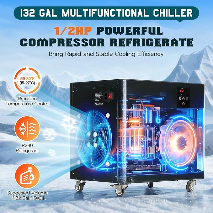 Albott 132 Gal Aquarium Cooler, 1/2 HP Water Chiller with Water Pump & 2 Pips, Hydroponics Chiller with Quiet Design Compressor & Wheels for Axolotl Fish Coral Shrimp, 110V, Black