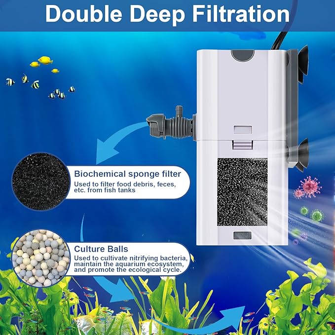 132 GPH 4-in-1 Aquarium Filter, 10-40 Gallon Fish Tank Filters Filtration and Oxygenation, Filter for Fish Tank with Biochemical Cotton, Multi-Functional Turtle Tank Filter(7 W)