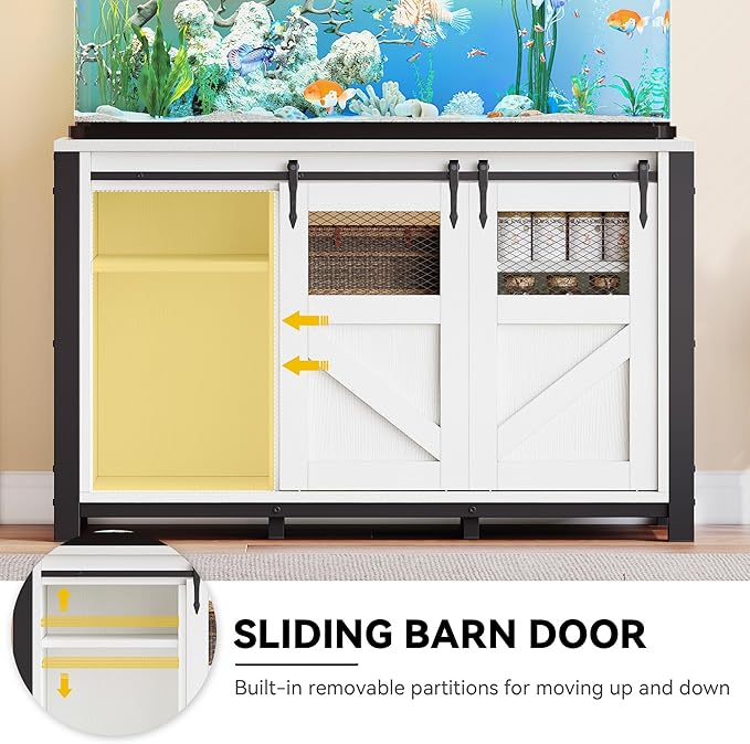 DWVO 40-120 Gallon Fish Tank Stand with Power Outlets, Heavy Duty Large Aquarium Stand with Barn Door, Reptile Tank with Storage Terrariums Table for Turtle Fish, White