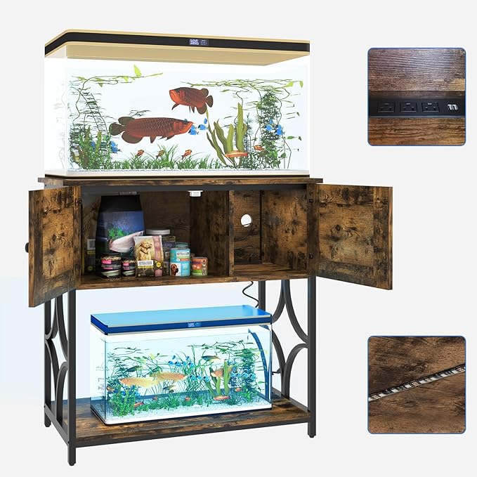 20-29 Gallon Fish Tank Stand with Power Outlets & LED Light, 330LBS Capacity, 20 Gallon Aquarium Stand with Storage, Metal Fish Tank Stand for Turtle Tank, 30.7" L*15.7" W Tabletop, Brown