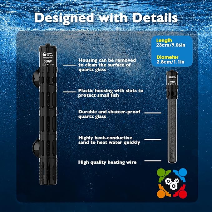 AquaMiracle Submersible Aquarium Heaters, 300W Fish Tank Heater with LED Digital Temp Display, Dry-Run Auto Power-Off & Overheat Protection, for Freshwater and Saltwater Tanks (40-75 Gal)