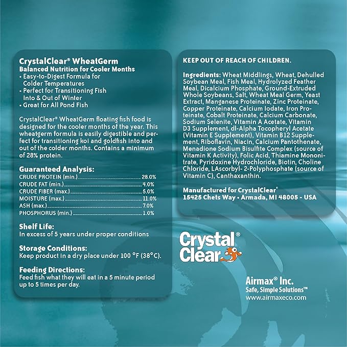 CrystalClear WheatGerm Fish Food—Protein-Rich Floating Pellets for Cold Freshwater Ponds, Ideal in Cooler Spring & Fall Seasons - 2.2 Pound Bucket