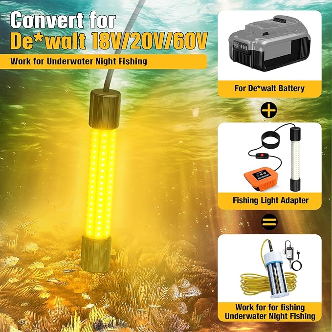 Underwater Fishing Warm Light Compatible with DeWalt 20V Battery,1300 Lumens, LED Light for IP68 Waterproof Submersible Fish Attracting, Night Fishing for Docks Boats or Kayaks(no Battery)