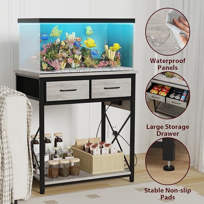 20-29-37 Gallon Fish Tank Stand with Power Outlet, Heavy Duty Metal Aquarium Stand with Two Storage Drawers for Fish Tank Accessories Storage, Perfect for Turtle Tank, Reptile Terrarium, Grey