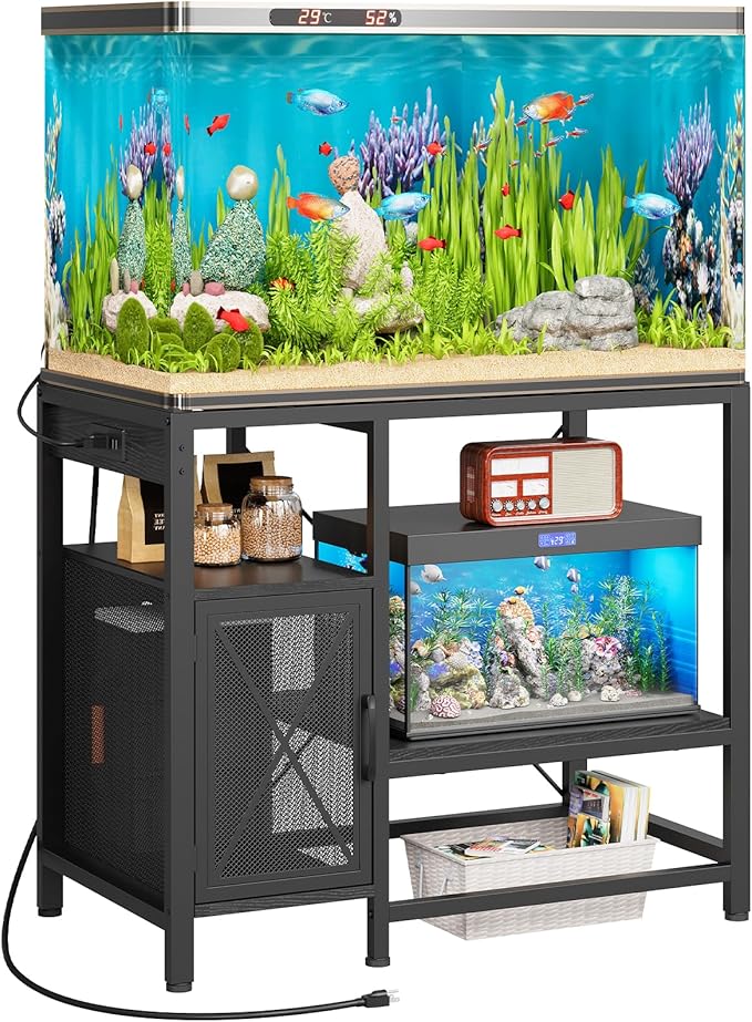 MAHANCRIS 40-50 Gallon Fish Tank Stand, Aquarium Stand with Power Outlet and Storage Cabinet, Heavy Duty Tank Stand Suitable for Turtle Tank, Reptile Terrarium, for Home Office, Black FTBK50E01