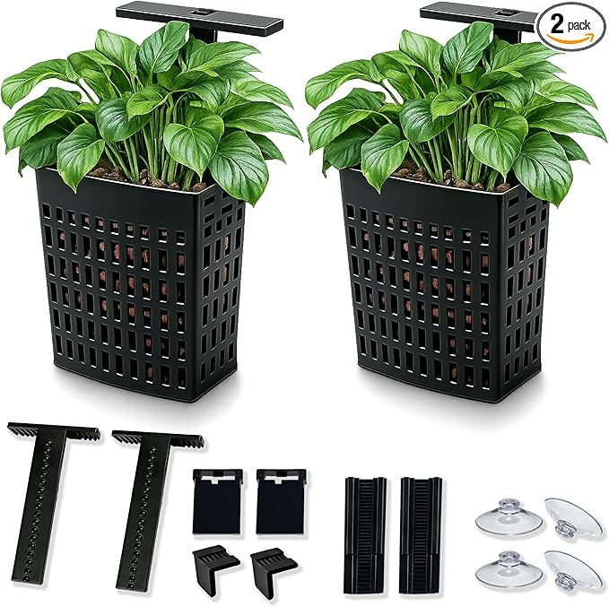 2 Pack Upgraded Adjustable Aquarium Plant Holder, Top Hanging Design Fish Tank Plant Holder, Adjustable Width Height, Fits Tank Edges up to 2.3 in, for Aquaponic Plants and Aquascape Decoration, Black