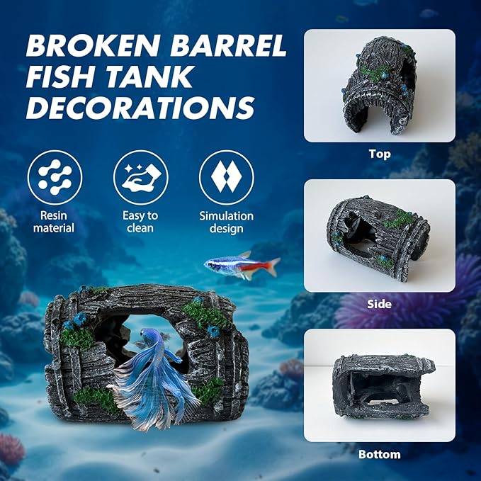 4PCS Fish Tank Decorations Set – Resin Shipwreck & Barrel with 2 Floating Diver Figurines, Aquarium Decor Ornaments for Betta Fish Goldfish Shrimp, Safe Hideouts Decor for Small Tanks