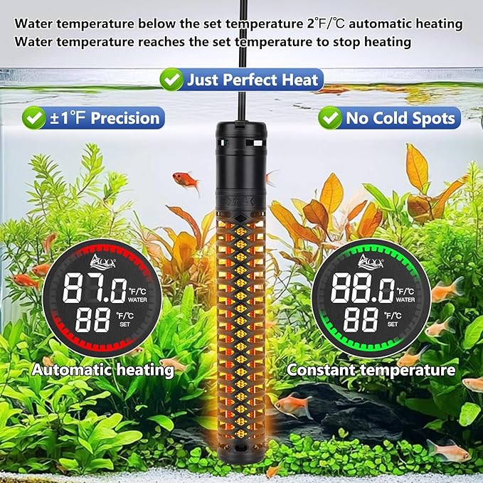 AQQA 1000W Aquarium Heater, Fish Tank Heater with Digital Thermostat, Over-Temperature and Dry-Run Protection, for Over 150 Gallon Freshwater, Saltwater, Turtle Betta Fish Tank Aquarium