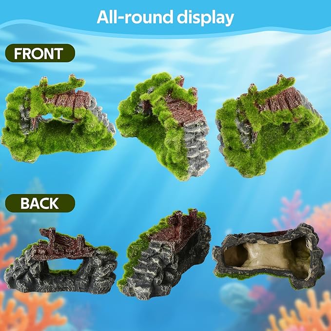 Saim Aquarium Cave Decor, Mossy Hollow Rock Hideout for Betta Fish & Shrimp - Natural Ruins Stone with Hole, Small Fish Hideaway Tank Ornaments