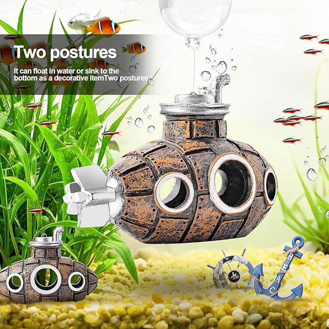 CousDUoBe New Upgrade Floating Fish Tank Decoration, Cute Retro Submarine Set and Floating Diver,Three Float Balls, Aquarium Decorations Resinous Betta Fish Tank Accessories