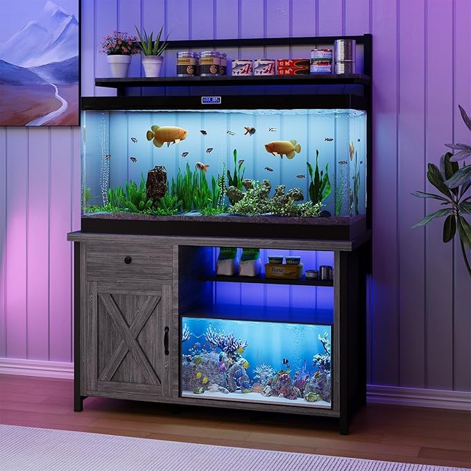 55-75 Gallon Fish Tank Stand with Power Outlet, Led Light, Aquarium Stand with Cabinet for Fish Tank Accessories Storage, Shelf, for Turtle Tank, Reptile Terrarium, 1100 LBS, Gray