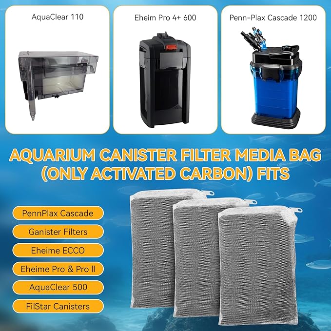 3 Pack 8 Oz Pro-C Aquarium Canister Filter Media Bag (Only Activated Carbon) for Penn-Plax Cascade Filter Parts, Also fits Eheim ECCO, Eheim Pro/Pro II, AquaClear 500 and FilStar Canisters