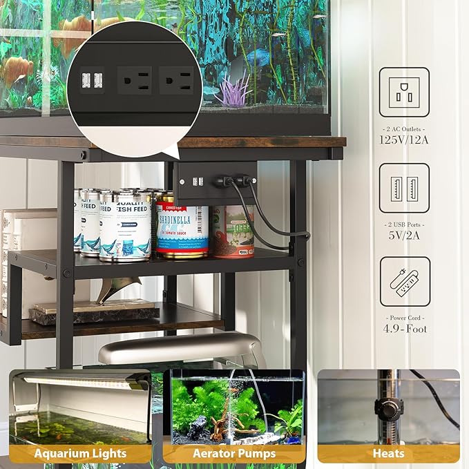 HavenlyYouth 20-29 Gallon Fish Tank Stand with Power Outlet, Metal U Shaped Aquarium Stand with Storage Shelves, Heavy Duty Terrarium Rack for Home Office, 31.5" L x 15.7" W x 29.4" H, Rustic Brown