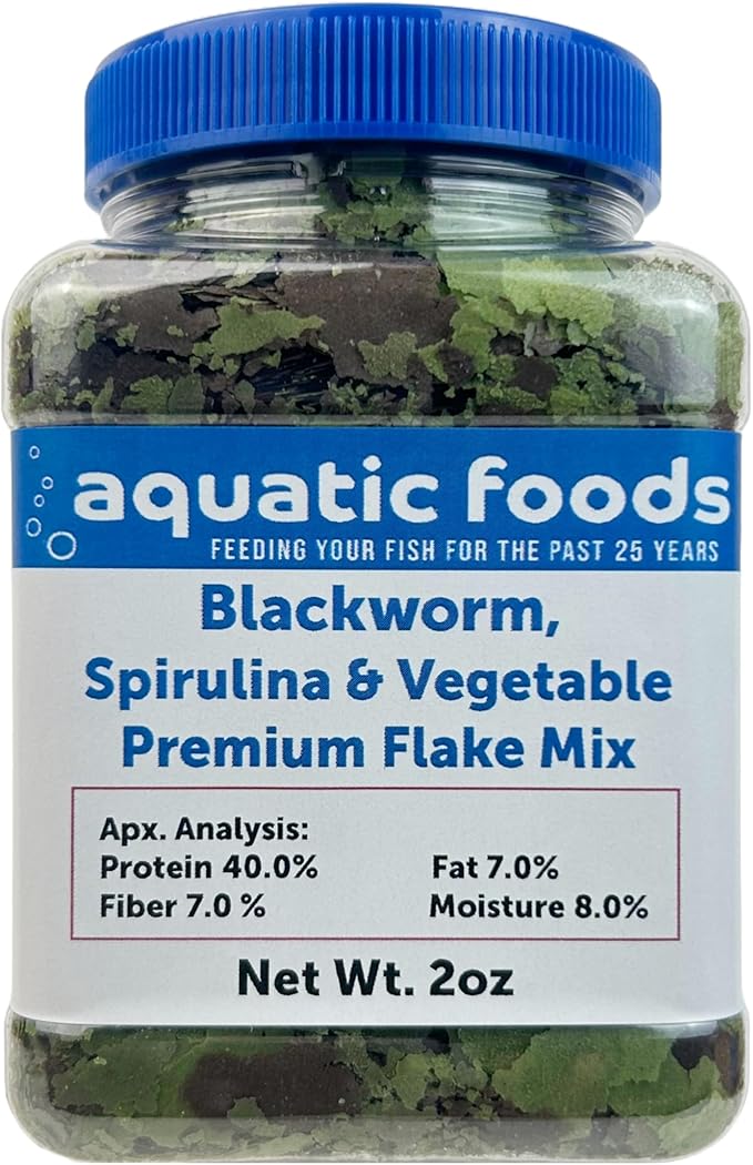 45% Blackworm & Vegetable-Spirulina Flake Mix for Cichlids, Discus, for All Community Tropical Fish. Aquatic Foods Flakes …2oz Small Jar