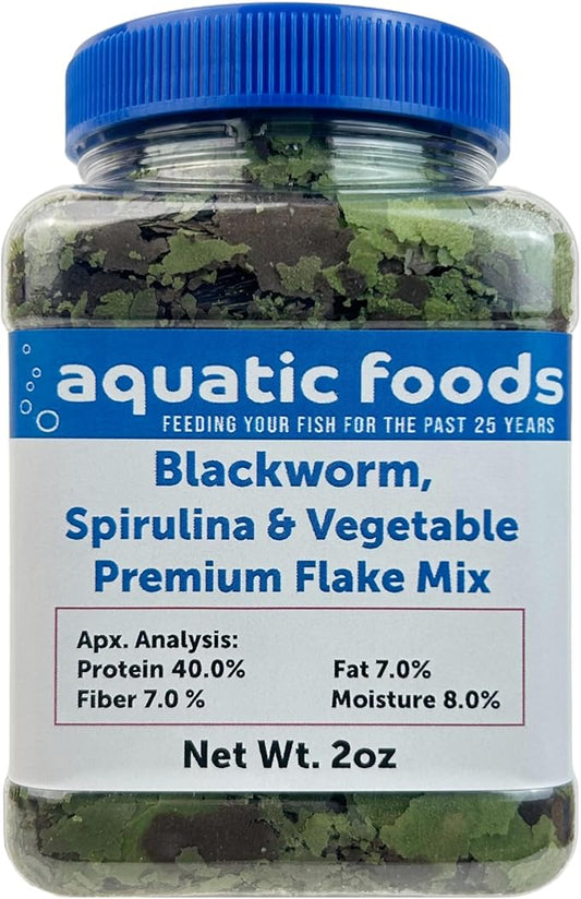 45% Blackworm & Vegetable-Spirulina Flake Mix for Cichlids, Discus, for All Community Tropical Fish. Aquatic Foods Flakes …2oz Small Jar