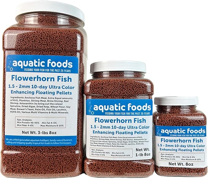 Flowerhorn Fish Ultra Red Color Enhancing 1.5mm-2mm Floating Pellets. Color Enhancing in 10-Days for Baby, Juvenile and Adult Flowerhorn…3-lbs 8oz Large Jar