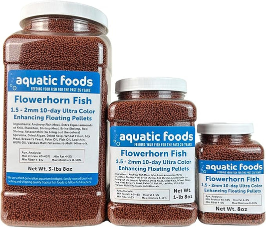 Flowerhorn Fish Ultra Red Color Enhancing 1.5mm-2mm Floating Pellets. Color Enhancing in 10-Days for Baby, Juvenile and Adult Flowerhorn…1-lb 8oz Medium Jar