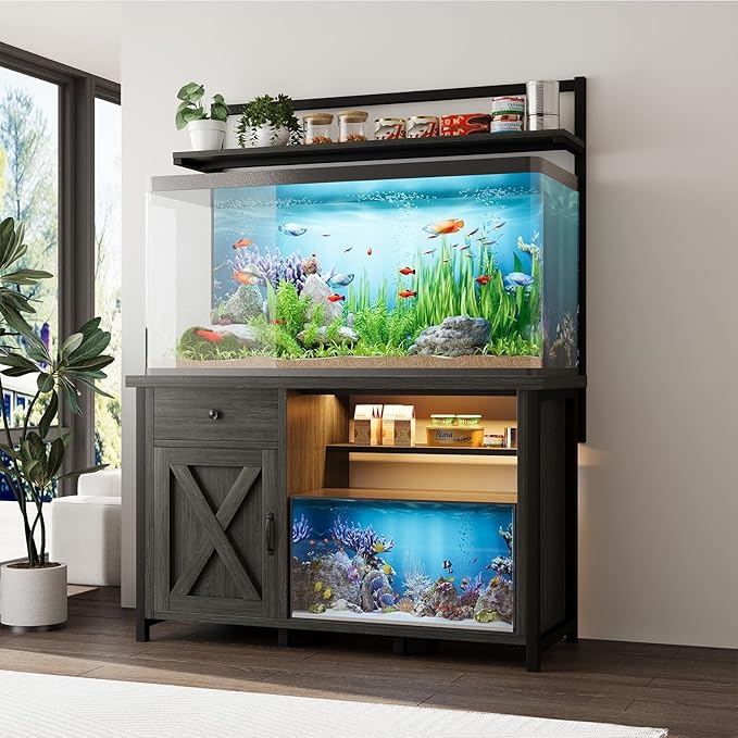 55-75 Gallon Fish Tank Stand with Power Outlet, Led Light, Aquarium Stand with Cabinet for Fish Tank Accessories Storage, Shelf, for Turtle Tank, Reptile Terrarium, 1100 LBS, Gray