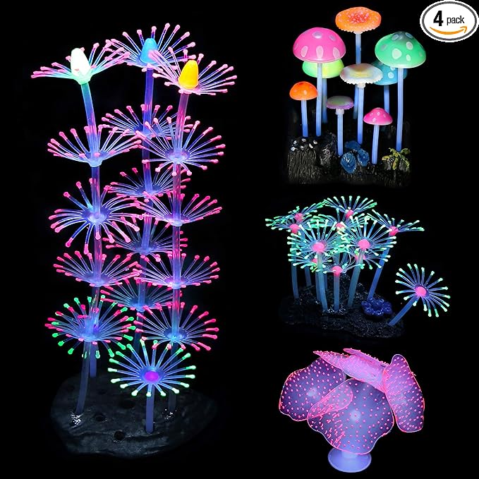 Lpraer 4 Pack Glow Aquarium Decorations Coral Reef Glowing Mushroom Anemone Simulation Glow Plant Glowing Effect Silicone for Fish Tank Decorations