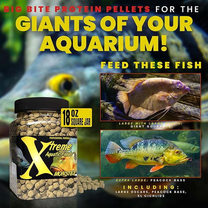 Xtreme Monster 9.0mm Pellets – Slow Sinking & Ideal for Large Cichlids, Monster Fish & Voracious Eaters – Boost Immune & Digestive Health, Max Marine Protein Fish Food – USA Farm Grown (18oz)