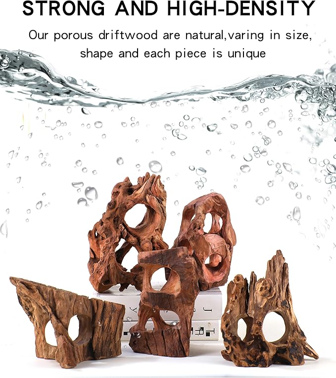 Aquarium Driftwood Cave for Betta Fish Shrimp Hideout, 7-10" Natural Porous Driftwood for Aquascaping with Low Tannins, Fish Tank Decoration Hideaway with Protein Cotton(No Need to Boil)