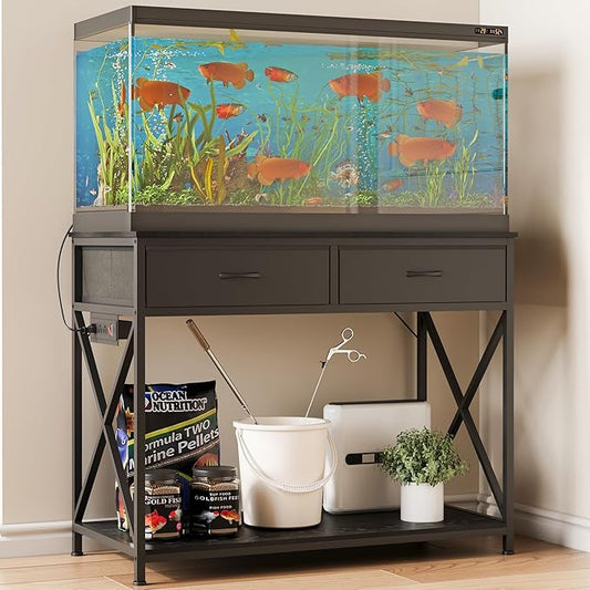 40-50 Gallon Fish Tank Stand，Aquarium Holder with Power Outlet and 2 Drawers，Heavy Duty Breeder Turtle Terrarium Stand Suitable for Turtle Tank, Reptile Terrarium, for Home Office (Black)