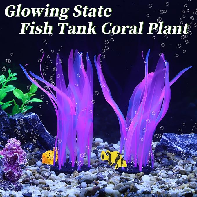 Aquarium Glowing Kelp Plant, Soft Silicone Glowing Fish Tank Decorations, Fluorescence Coral Decor for Aquarium Decor Pink 2pcs