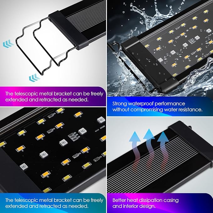 36W Smart Bluetooth App-Controlled Aquarium Light - Customizable Light Colors,Timeable,24/7 User-Defined Sunrise/Sunset Simulation,Tropical Lighting Mode,Suitable for 36-42" Fish Tanks