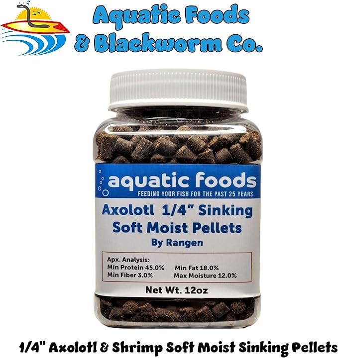 Axolotl Food 1/4" Soft Moist Sinking Salmon Pellets for Adult Axolotl Also Shrimp, Snails, Crabs, Crayfish, Bottom Tropical Fish...12oz Small Jar