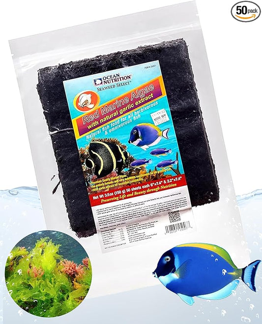 Ocean Nutrition Seaweed Sheets - Nutritious Red Marine Algae Saltwater Fish Food with Natural Garlic Extract for Algae Eater Fish - Perfect for Herbivorous & Omnivorous Fish, 50-Sheets 5.1 oz (150 g)