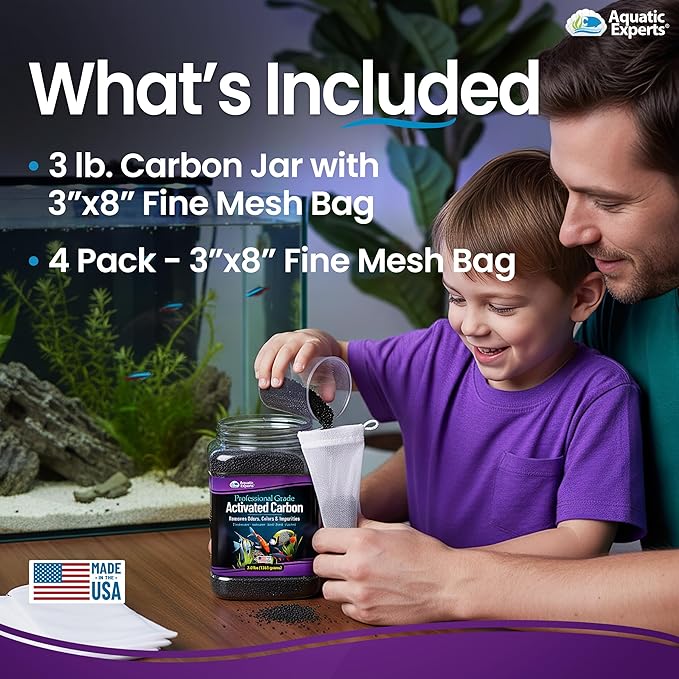 Premium Activated Carbon for Aquariums – 3 lbs Bulk Granulated Charcoal + Four 3" x 8" Fine Mesh Filter Bags, Aquarium Carbon Filter Media for Crystal Clear Fish Tanks