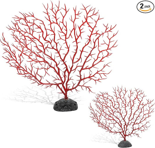 Piutouyar 2Pcs Sea Fan Coral Decorations, Red Simulation Sea Coral Branch for Aquarium Ornament Fish Tank Landscape (11.8inch+6.7inch)
