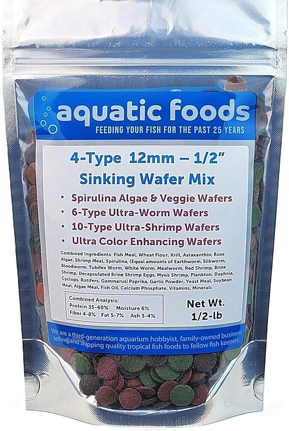 4-Type Ultra Mix of 1/2" - 12mm Sinking Wafers, Spirulina-Algae, Worm, Shrimp, Intense Color Enhancing Wafers for Plecos, Shrimp, Snails, All Tropical Fish - 1/2-lb