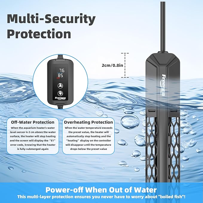 FREESEA Aquarium Heater for Fish Tank: 100W/200W/300W/500W Submersible Fish Tank Heater with Over-Temperature and Off-Water Protection for 20-40 Gallon Saltwater and Freshwater