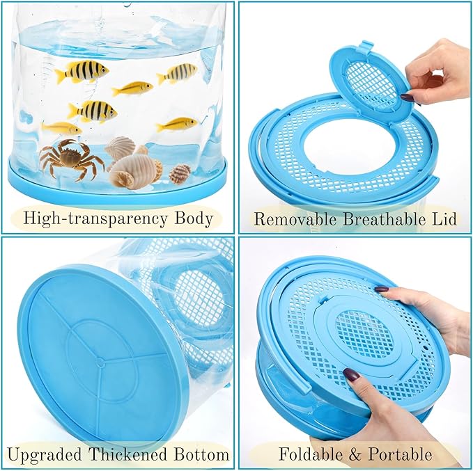 ZAVOOS 2 Pack Foldable Small Aquarium, Plastic Portable Fish Tank with Lid, Clear Fish Transport Container Fishing Bucket for Catch Release, Beach Travel, Lake, Outdoor, Blue