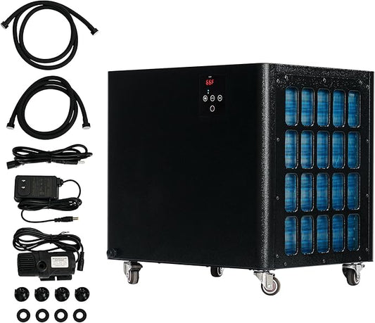 Albott 132 Gal Aquarium Cooler, 1/2 HP Water Chiller with Water Pump & 2 Pips, Hydroponics Chiller with Quiet Design Compressor & Wheels for Axolotl Fish Coral Shrimp, 110V, Black