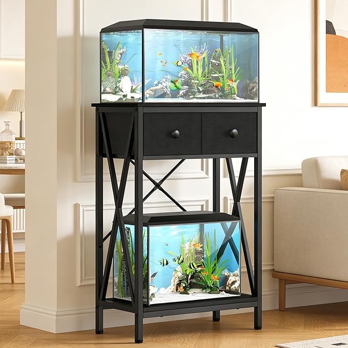 Fish Tank Stand for 5-10 Gallon Fish Tank: Aquarium Stand with Accessories - Metal 10 Gallon Tank Stand with Cabinet Drawer Storage for Turtle Tank, Reptile Terrarium (Black, 220LBS Capacity)