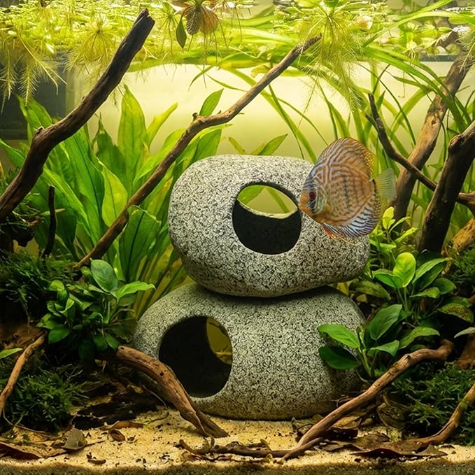 Aquarium Cave Decor - 2 PCS Natural Fish Tank Rocks for Betta Hideout and Shrimp Breeding, Hand-Polished Smooth Edges, PH Neutral, Ideal for 5-20 Gallon Tanks, Aquascaping Stone Ornaments