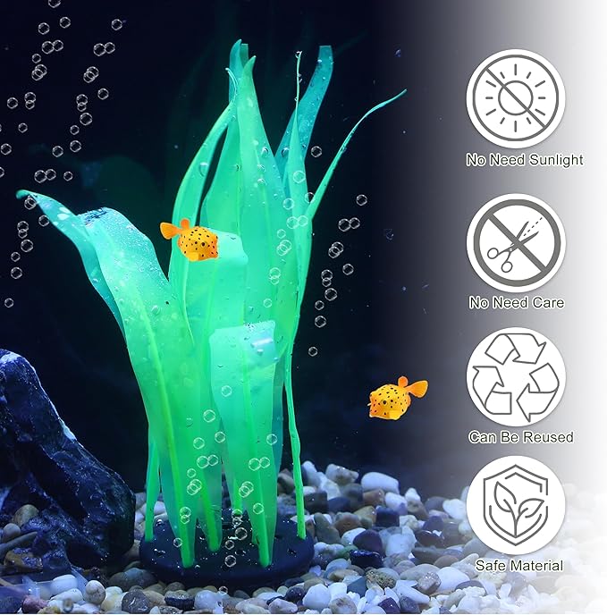 Aquarium Glowing Kelp Plant, Soft Silicone Glowing Fish Tank Decorations, Fluorescence Coral Decor for Aquarium Decor Green 2pcs