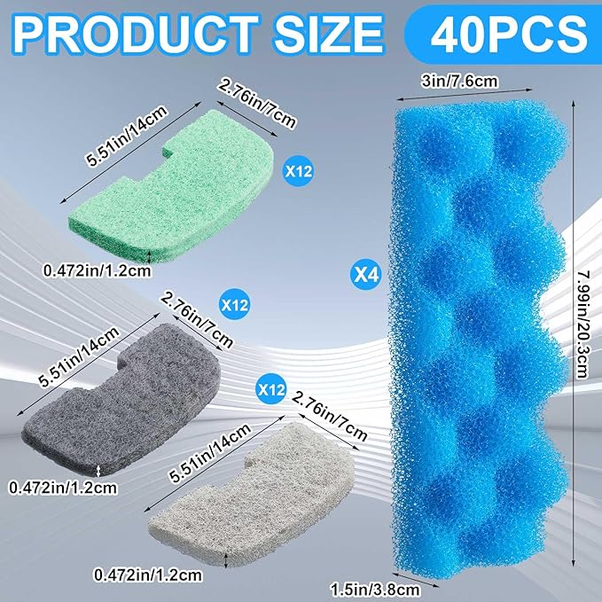 Threlaco 40 Pcs Replacement Filter Media Kit Compatible with Fluval 206/207, Aquarium Filters Set Including 4 Biological Foams, 36 Ammonia/Phosphate/Nitrite Remover