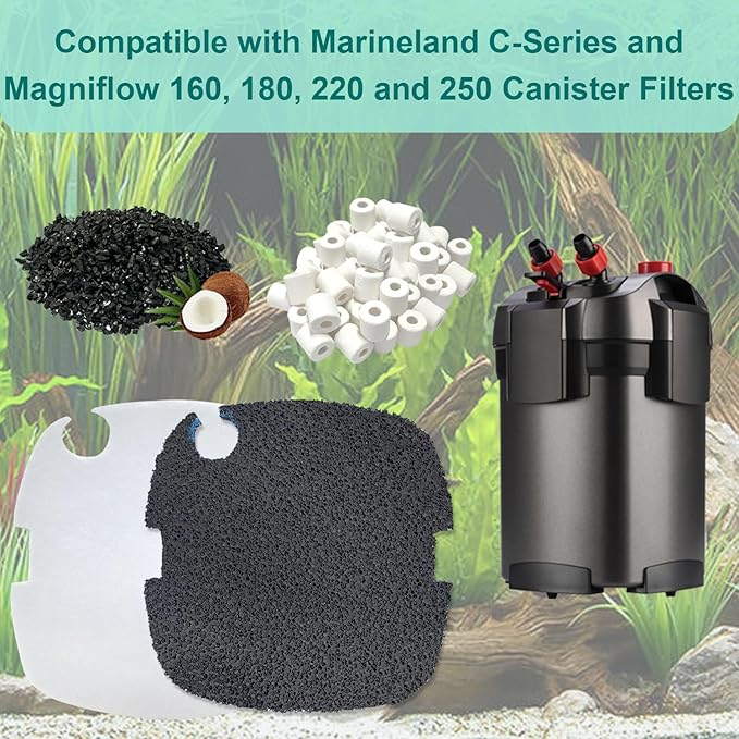 16-Set Aquarium Filter Media Kit Compatible with Marineland C-Series and Magniflow 160, 180, 220 and 250 Canister Filters, Includes Polishing Filter Pads, Ceramic Rings, Coconut Shell Carbon