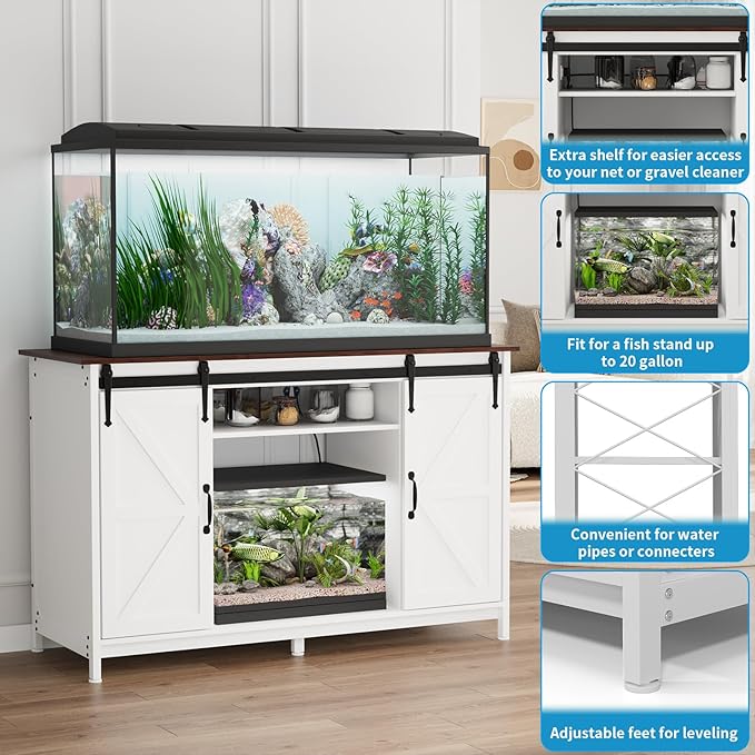 VOWNER Farmhouse 55-75 Gallon Fish Tank Stand with Power Outlet, Aquarium Stand with Storage Cabinet and Sliding Barn Door, Heavy Duty Reptile Tank Stand, for 2 Tanks, 1000LBS Capacity, White + Walnut
