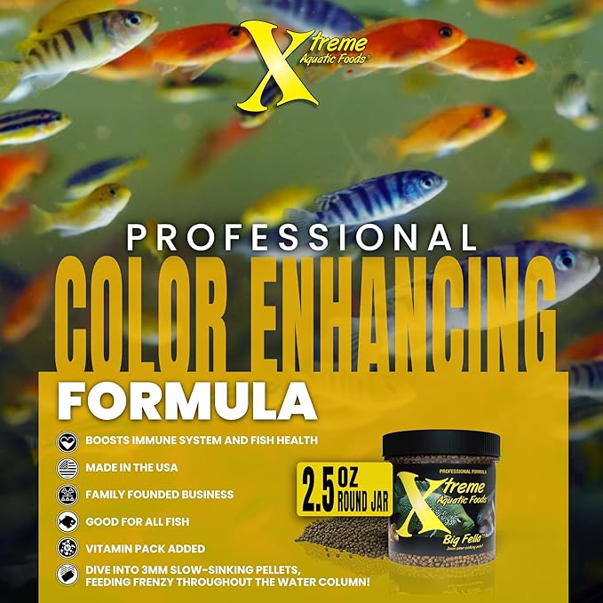 Xtreme Big Fella 3.0mm Pellets: Professional Nutrition for Medium to Large Cichlid/Community Fish - Boost Immune & Digestive Health, Color & Energy, Max Protein Fish Food – USA Farm Grown (2.5oz)