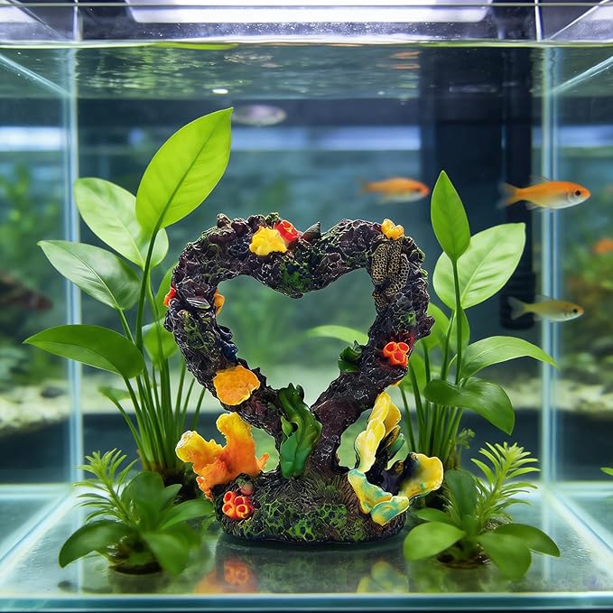 Heart Shaped Aquarium Coral Ornament, Resin Fish Tank Decoration with Realistic Coral & Moss, Safe for Freshwater/Saltwater Aquariums, Aquascaping Hideout for Small Fish and Shrimp